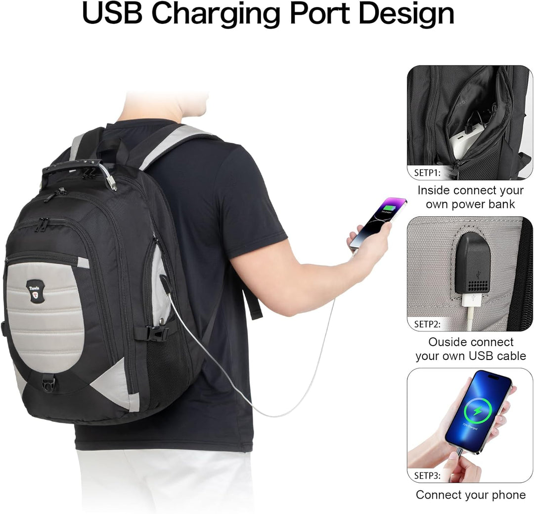 Waterafstotende rugzak met verborgen ritsen en USB-poort, perfect voor het veilig vervoeren van je 17.3" laptop.