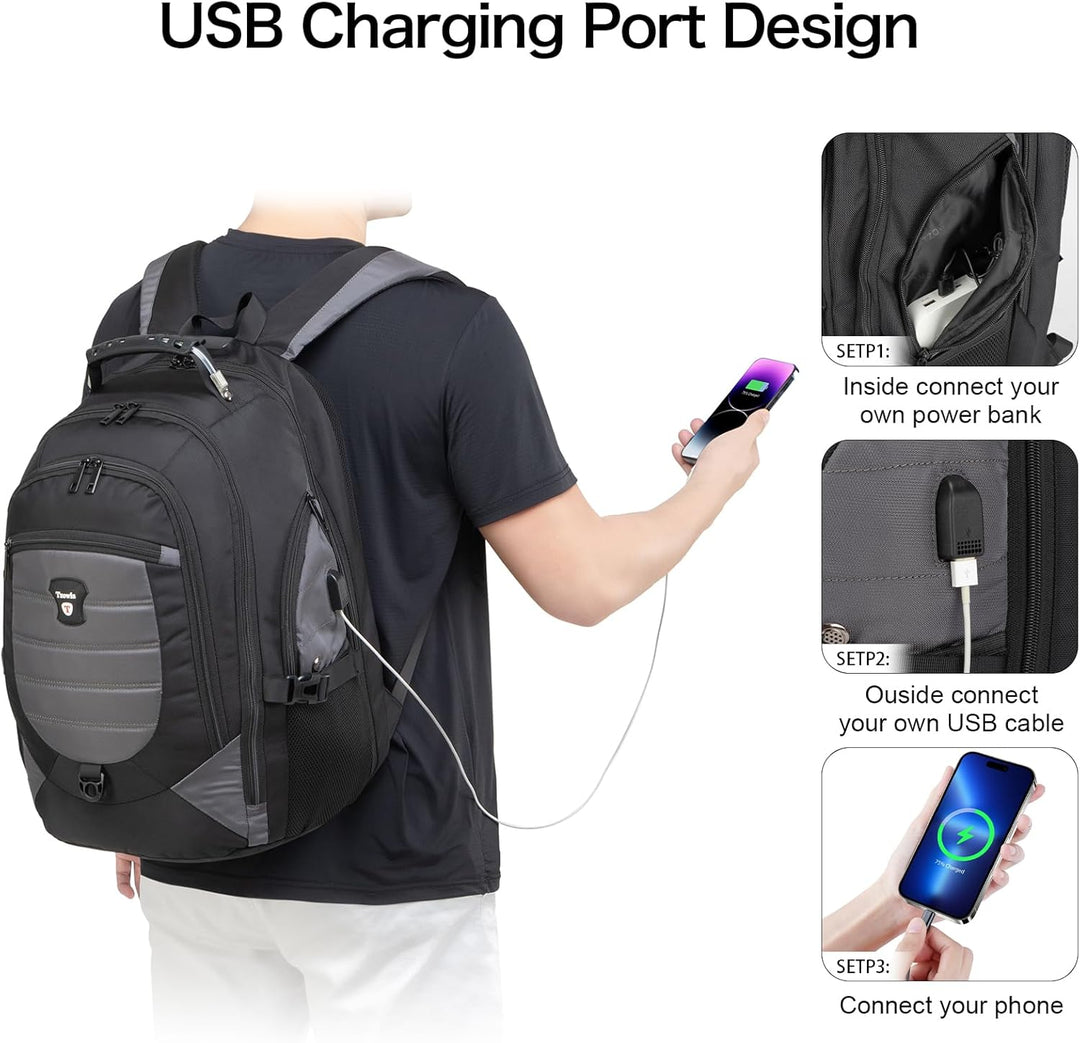 Moderne dagrugzak voor werk of studie, waterbestendig, met anti-diefstal compartiment en USB-aansluiting.