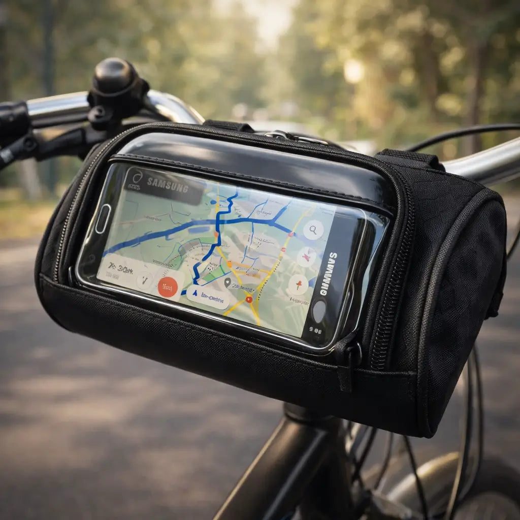 Waterdichte fietstas met touchscreen voor stuur; ideaal voor fietsnavigatie en telefoon.