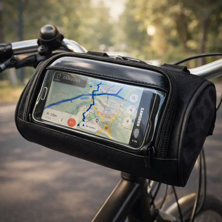 Waterdichte fietstas met touchscreen voor stuur; ideaal voor fietsnavigatie en telefoon.