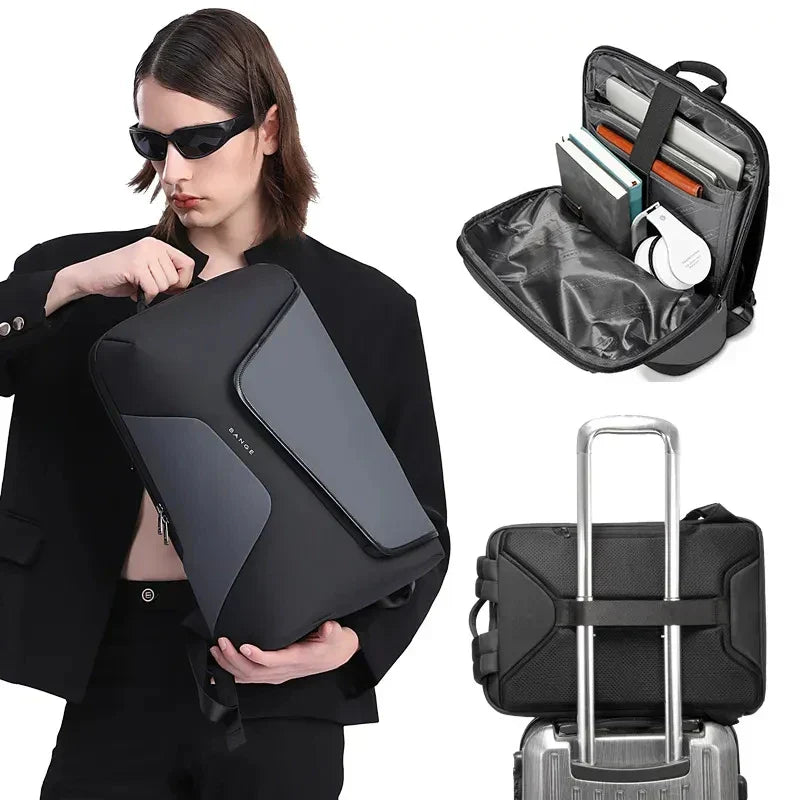 Detail van waterdichte FluxPack zakelijke rugzak met geïntegreerde USB-poort voor opladen onderweg.