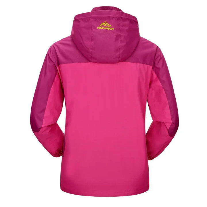 "Waterdichte outdoor jas met capuchon, unisex, blauw, wind- en waterdicht, ideaal voor avontuurlijk gebruik."