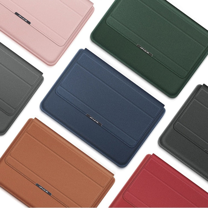 Waterdichte & schokbestendige laptop sleeve Veltro, met geïntegreerde ergonomische standaard voor optimaal comfort.