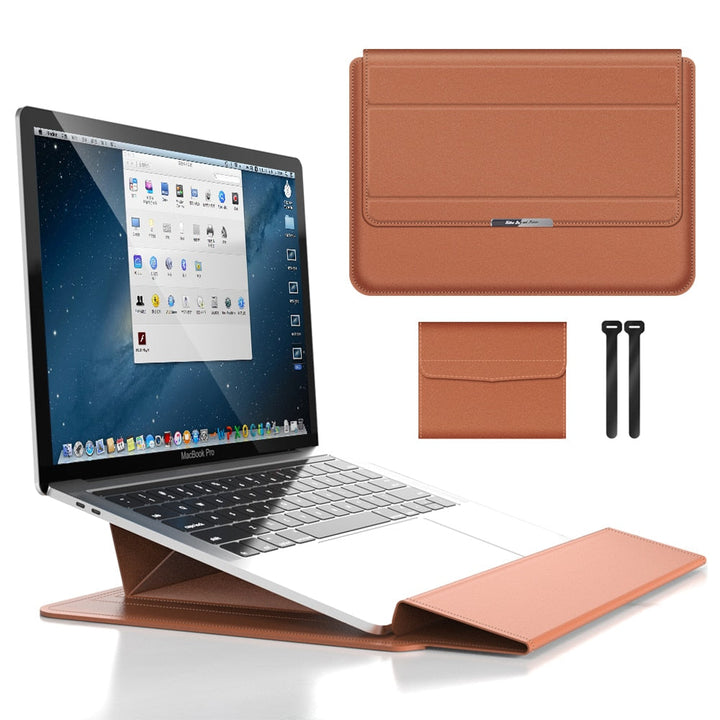 Ergonomische laptop sleeve met geïntegreerde polssteun, vermindert belasting tijdens lange werksessies.