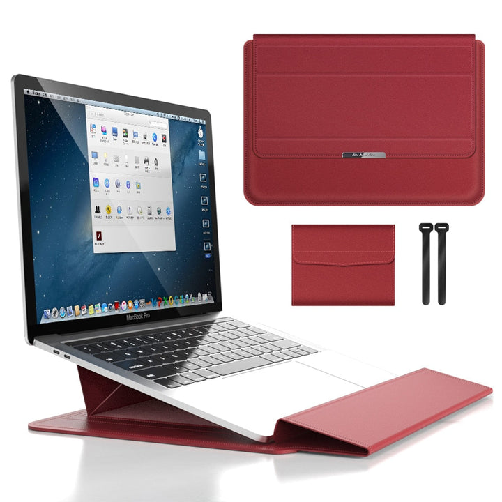 Multifunctionele laptophoes: waterdichte bescherming, ergonomische standaard en comfortabele polssteun in één design.
