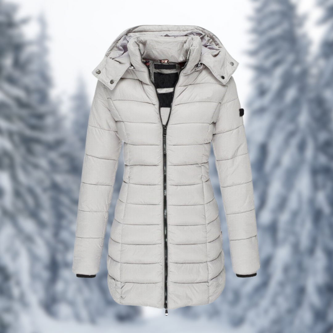 "Waterdichte winterjas in beige, robuust en stijlvol ontwerp, ideaal voor alle weersomstandigheden, dameskleding."