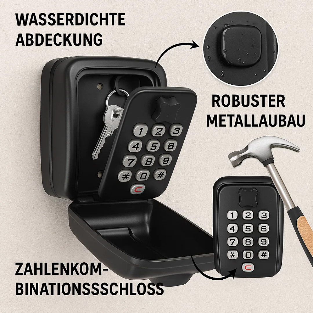 Detail van weerbestendige sleutelkluis met robuust cijferslot voor maximale veiligheid en duurzaamheid.