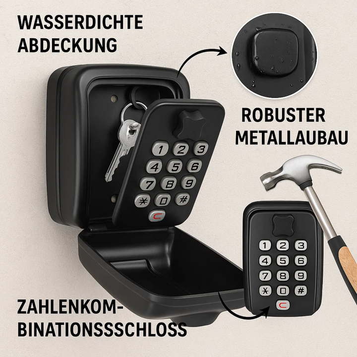 Detail van weerbestendige sleutelkluis met robuust cijferslot voor maximale veiligheid en duurzaamheid.
