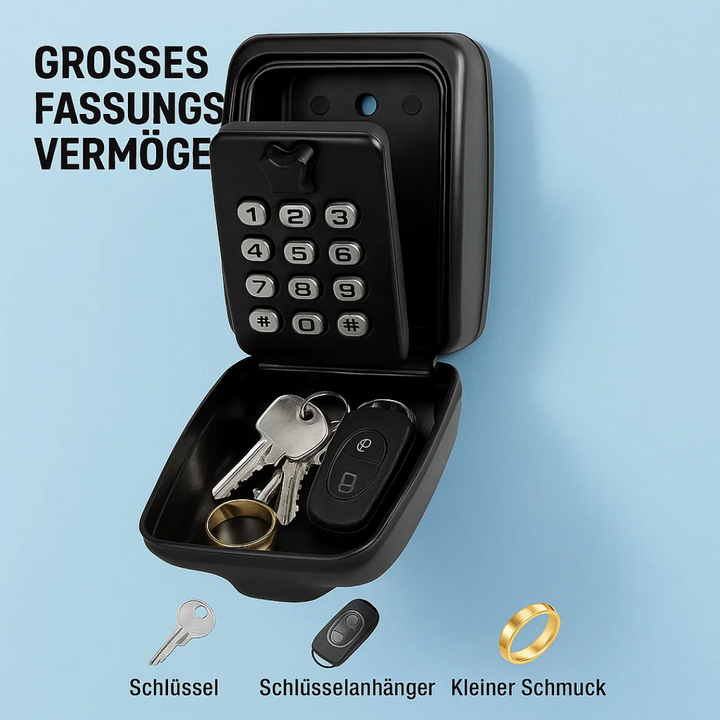 Sleutelkluis met wandmontage aan huismuur; discrete en veilige opslag van reservesleutels buiten.