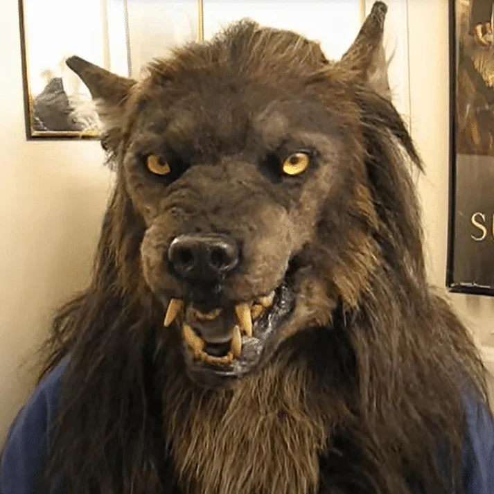 Eng weerwolfmasker met zilveren vacht en gloeiende ogen, perfect voor een angstaanjagende Halloween transformatie.