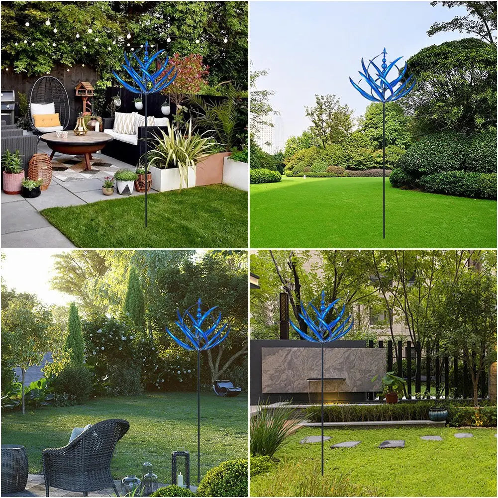 Gedetailleerde windspinner met subtiele draaiende beweging. Een blikvanger en rustgevend tuinaccessoire voor buiten.