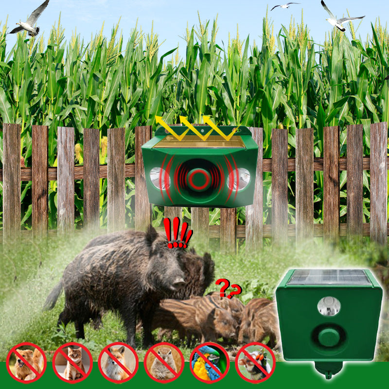 WildGuard dierenverjager met zonne-energie paneel, beschermt diervriendelijk tuin en erf.