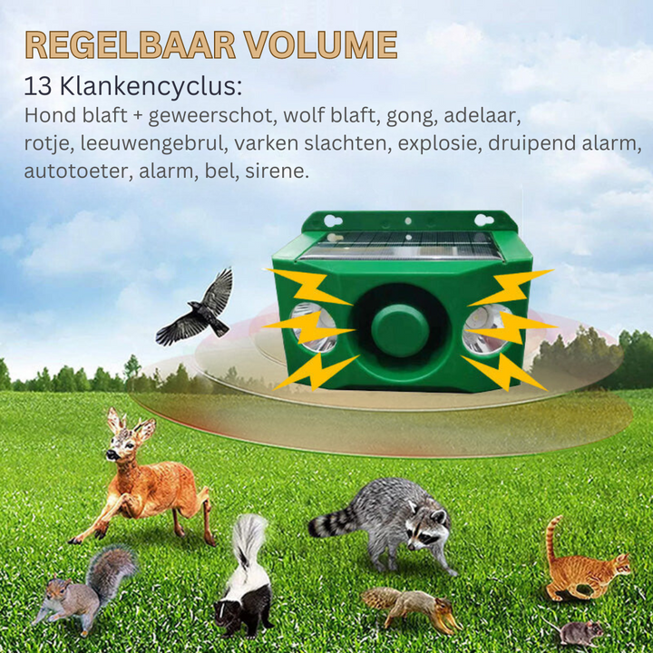 Gedetailleerde weergave van de WildGuard diervriendelijke verjager, perfect voor tuinbescherming.