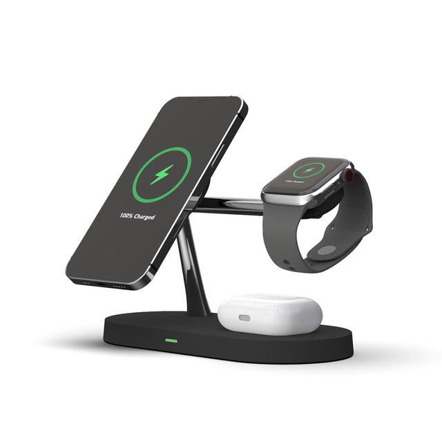 Wit 3-in-1 draadloos laadstation voor snelle oplading van smartphone, smartwatch & AirPods op bureau.