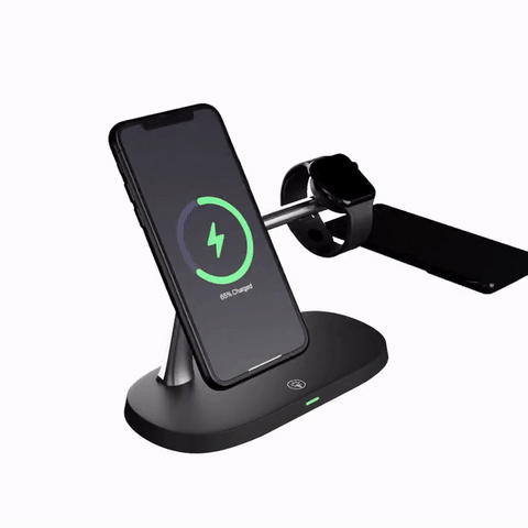 Wit 3-in-1 draadloos oplaadstandaard voor snelle en efficiënte oplading van telefoon & accessoires.