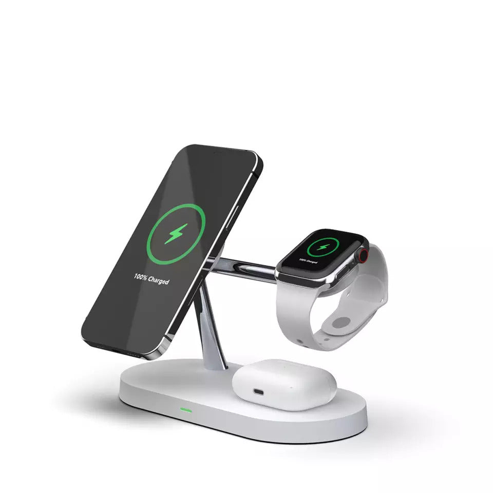 Zwart universeel draadloos laadstation, 3-in-1 oplader voor telefoon, horloge en oortjes.