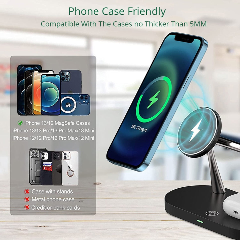 Snel Qi & MagSafe 3-in-1 draadloos laadstation voor smartphone, smartwatch en AirPods.