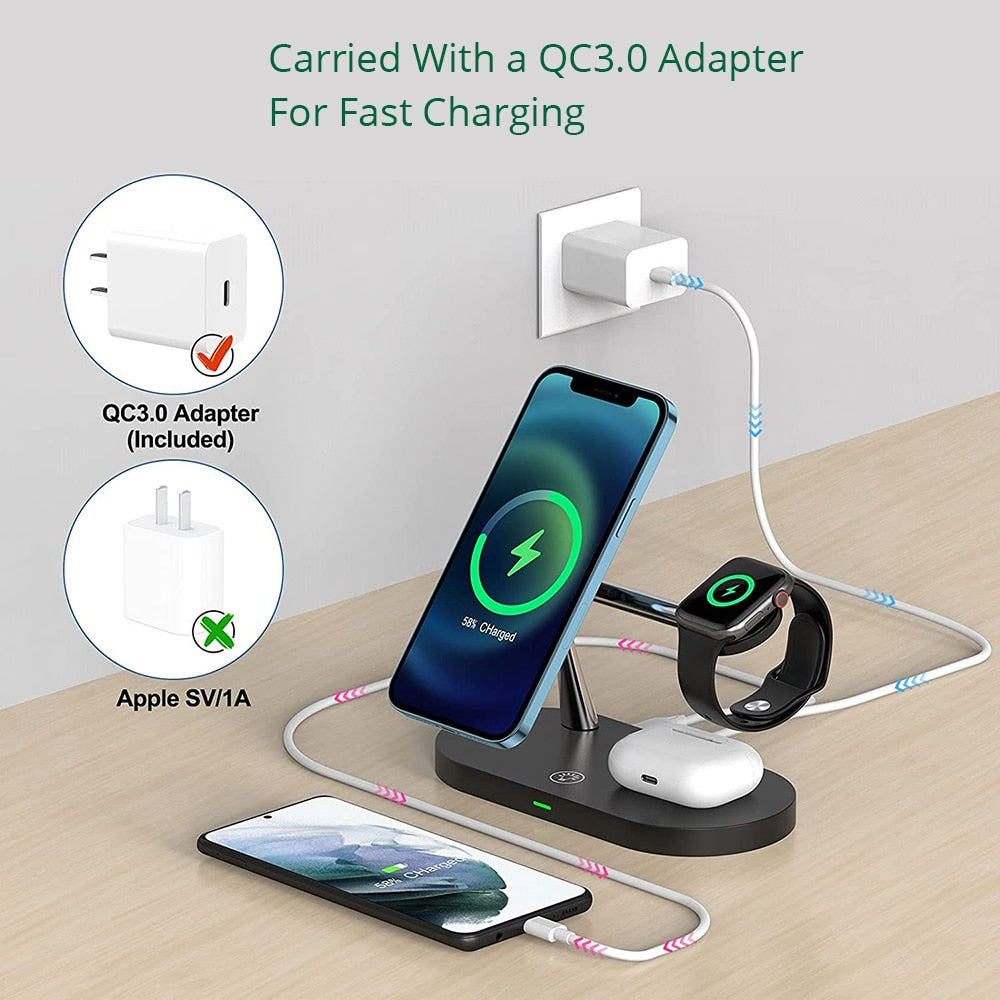 Efficiënt bureau accessoire: zwart 3-in-1 draadloos oplaadstation voor telefoon, horloge en AirPods.
