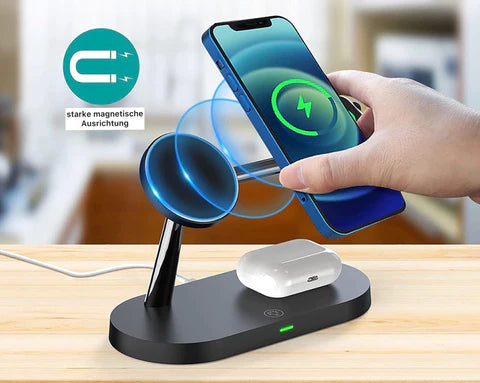 Wit 3-in-1 draadloos laadstation voor smartphone, smartwatch en AirPods tegelijkertijd opladen.