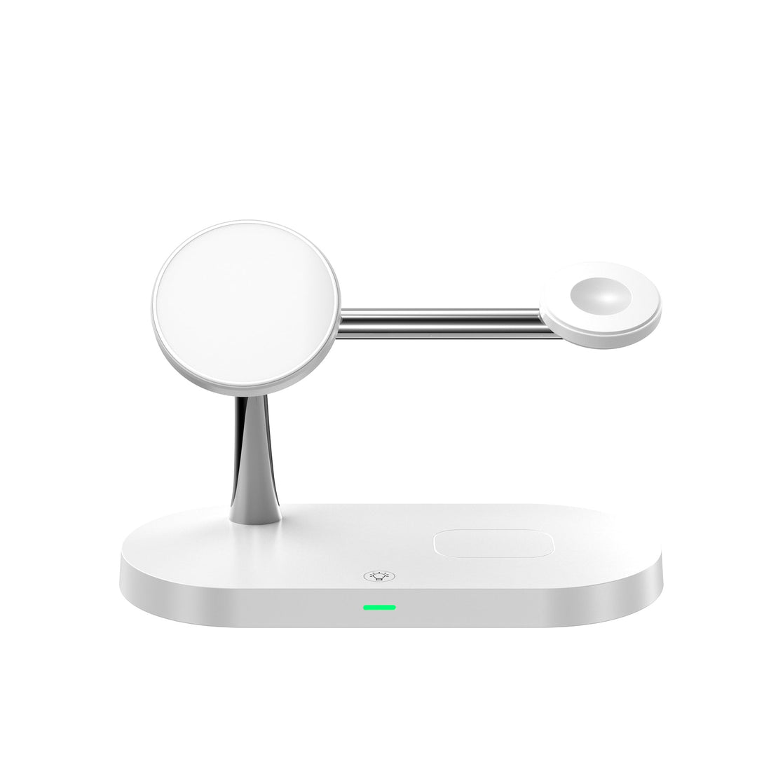 Universeel 3-in-1 draadloos Qi-laadstation in zwart, compatibel met diverse smartphones & wearables.