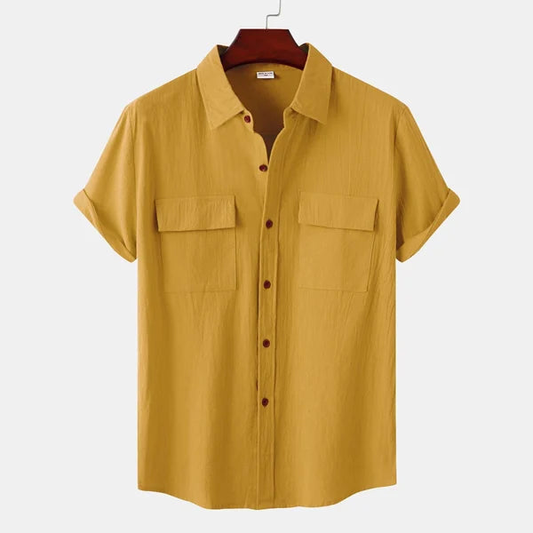 Casual rood herenshirt met korte mouwen en knopen, stijlvolle en comfortabele herenmode.