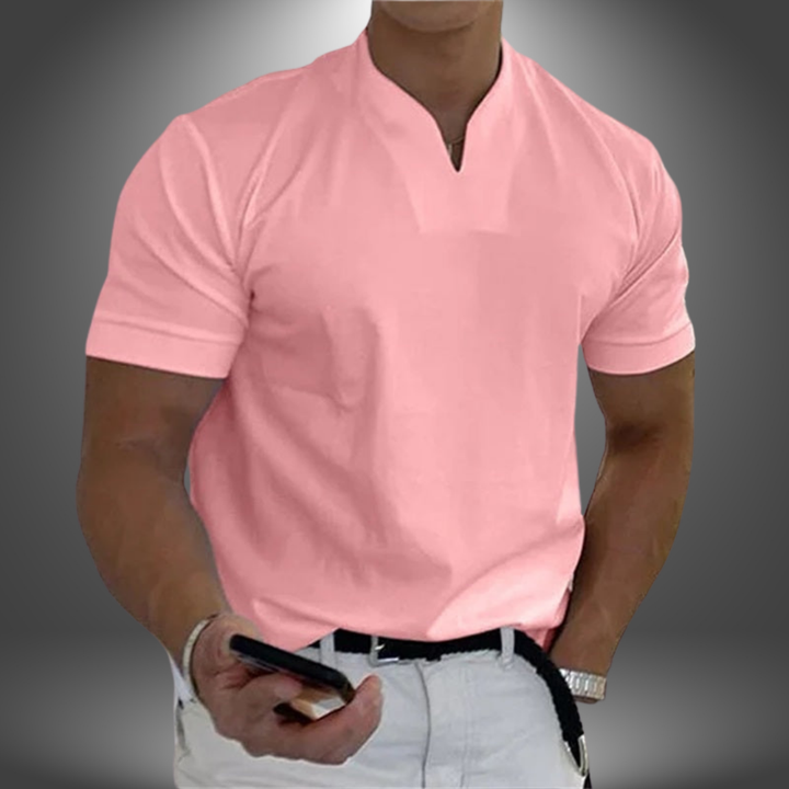 Mooi grijs heren V-hals T-shirt met korte mouwen, perfecte zomerkleding voor een casual en frisse look.