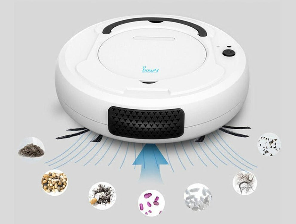 Moderne witte 3-in-1 robotstofzuiger. Combineert vegen, zuigen en dweilen voor diverse vloeren.