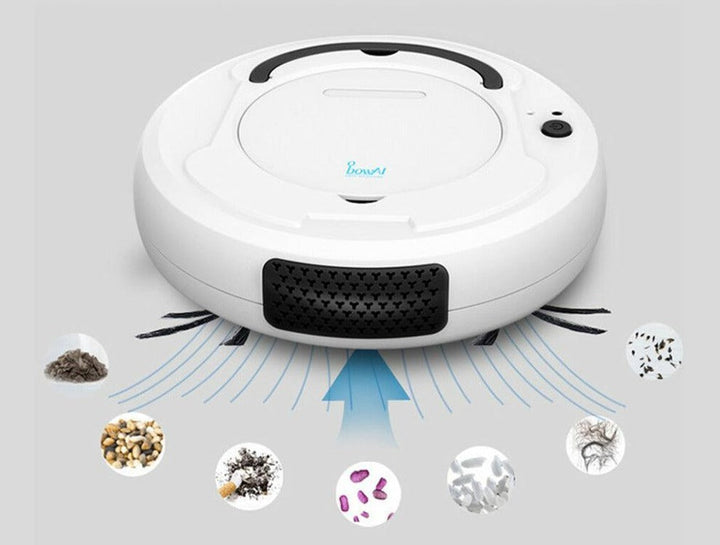 Moderne witte 3-in-1 robotstofzuiger. Combineert vegen, zuigen en dweilen voor diverse vloeren.
