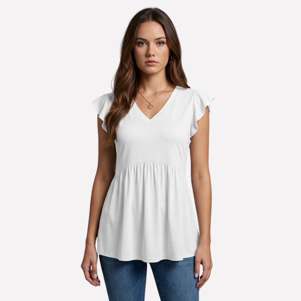 Witte dames casual blouse (AM1) met comfortabele, relaxte pasvorm en oranje boho patroon, ideaal voor zomer.