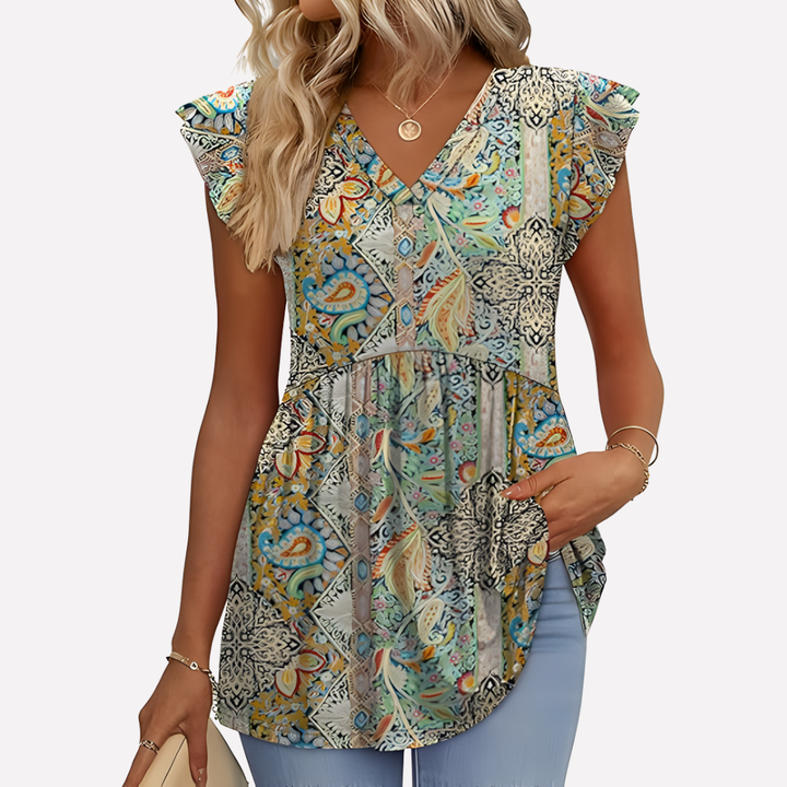 Stijlvolle dames zomer blouse (AM1) met korte mouwen en oranje patroon, perfect voor dagelijkse mode en vakantie.