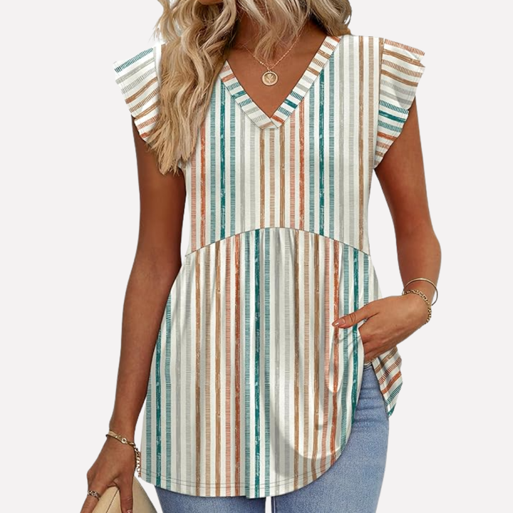 Comfortabele witte dames top (AM1) met korte mouwen en oranje patroon, perfecte casual kleding voor elke dag.