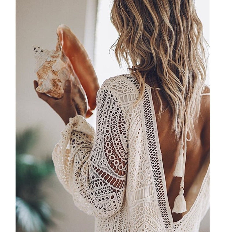 Casual mini zomerjurk voor dames, boho stijl van katoenmix met lange mouwen en diepe V-hals.