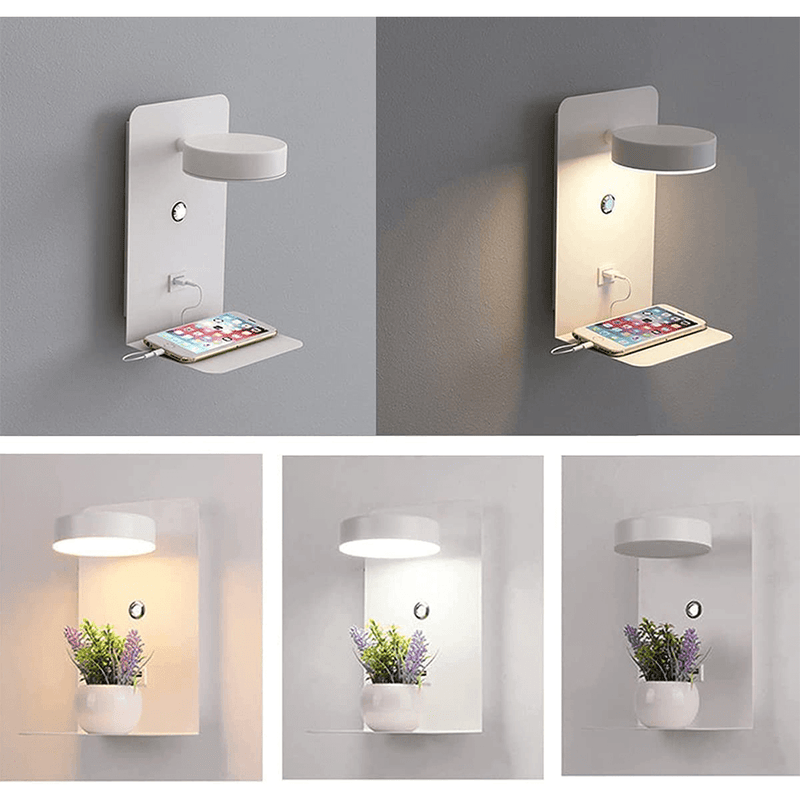Witte draaibare LED nachtlamp met USB oplaadstation voor telefoon, ideaal voor slaapkamer of hal.