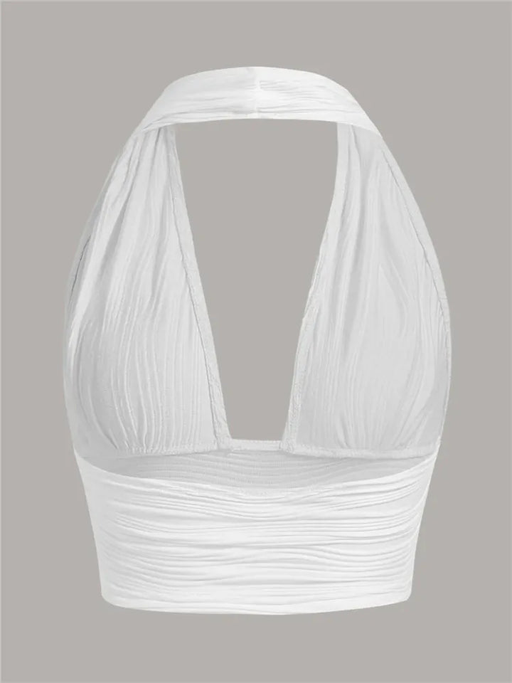 Verleidelijke diep uitgesneden halter crop top Liora voor dames; ideale festival kleding met open rug.