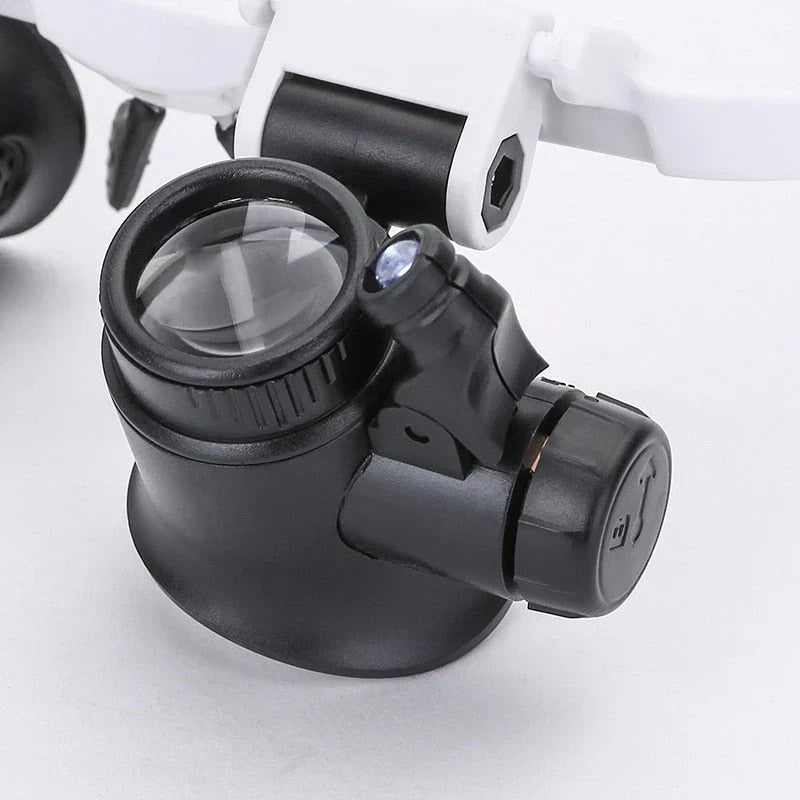 Comfortabele witte vergrootglas bril met LED-verlichting. Ideaal voor leeswerk, juweliers en precisie hobby taken.