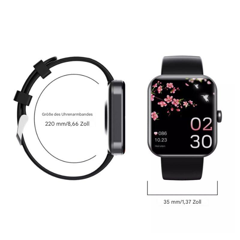 GlucoWatch smartwatch display met duidelijke weergave van bloedglucosewaarden, hartslag en tijd.