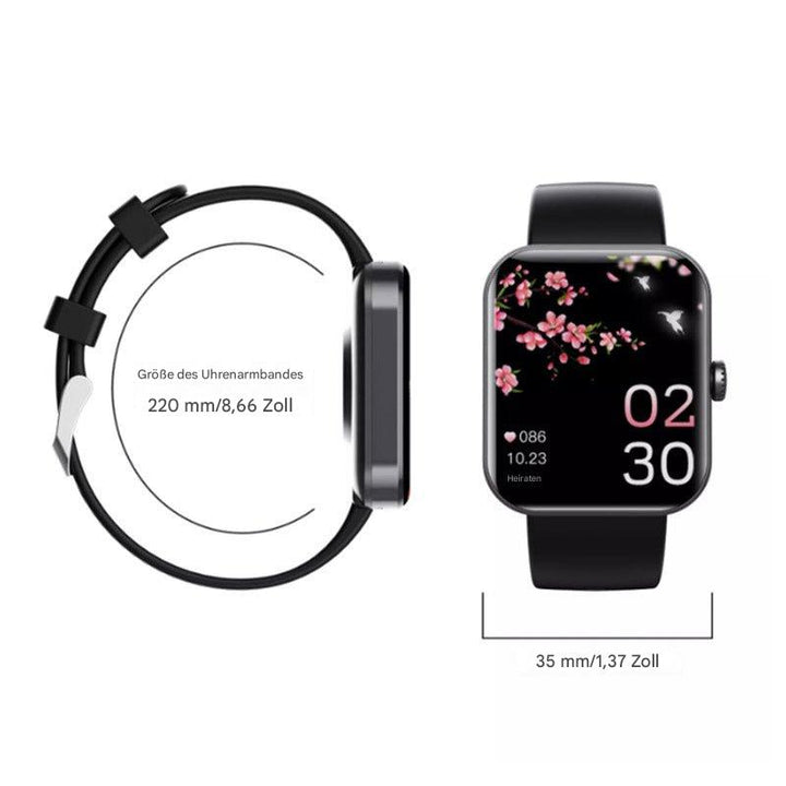 GlucoWatch smartwatch display met duidelijke weergave van bloedglucosewaarden, hartslag en tijd.