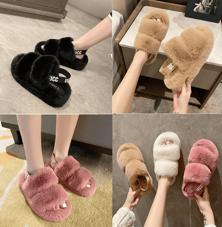 Grijze pluizige dames slippers, perfecte zachte huisschoenen die warmte en comfort bieden op koude vloeren.