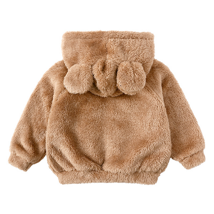 Schattige beige teddy winterjas voor baby's. Deze zachte kinderjas houdt je kleintje comfortabel en warm.