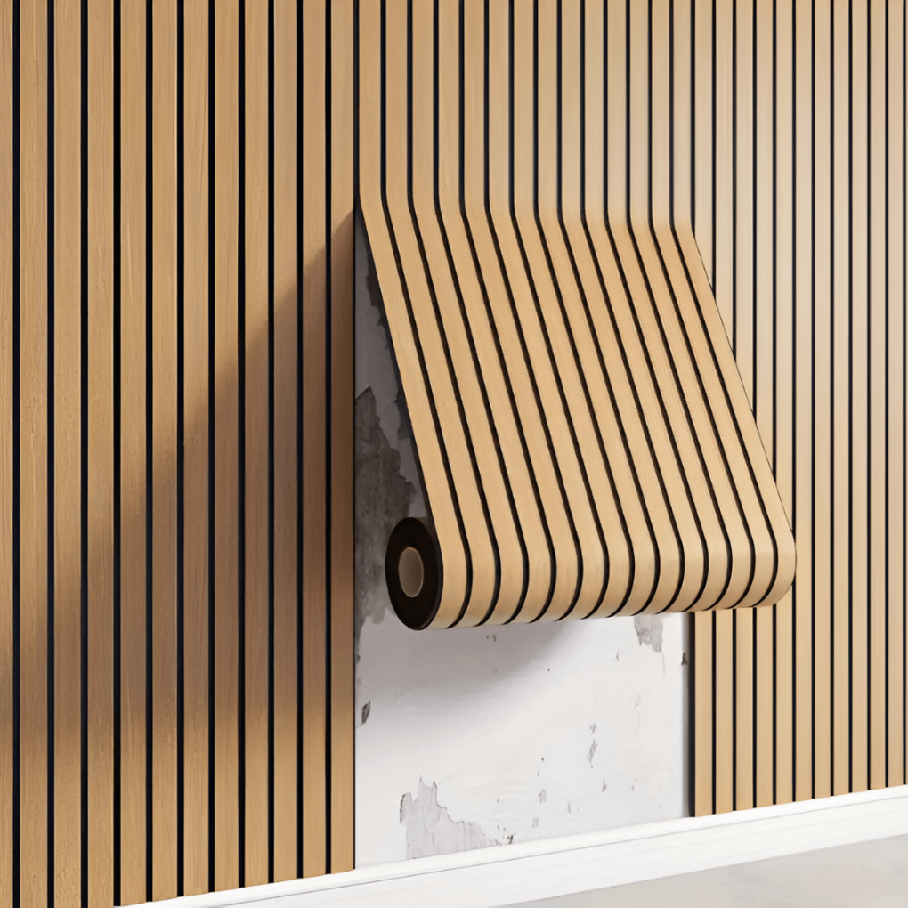 Zelfklevende 3D houten muurpanelen in beige/wit houtlook, ideaal voor moderne wandbekleding in woonkamer of slaapkamer.