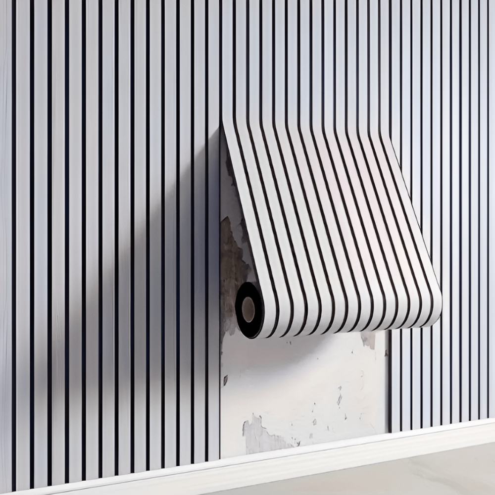 Close-up van 3D zelfklevende houtlook wandpanelen in lichtbruin, perfect voor snelle DIY interieurdecoratie.