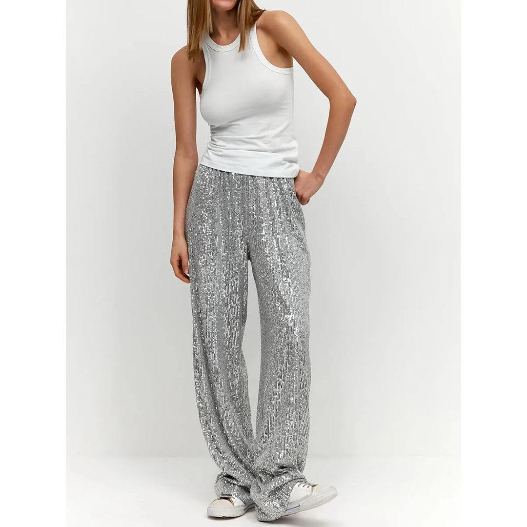 Zijdezachte pailletten broek 'Luna' voor dames, perfect voor een stijlvolle feestlook en avondkleding.