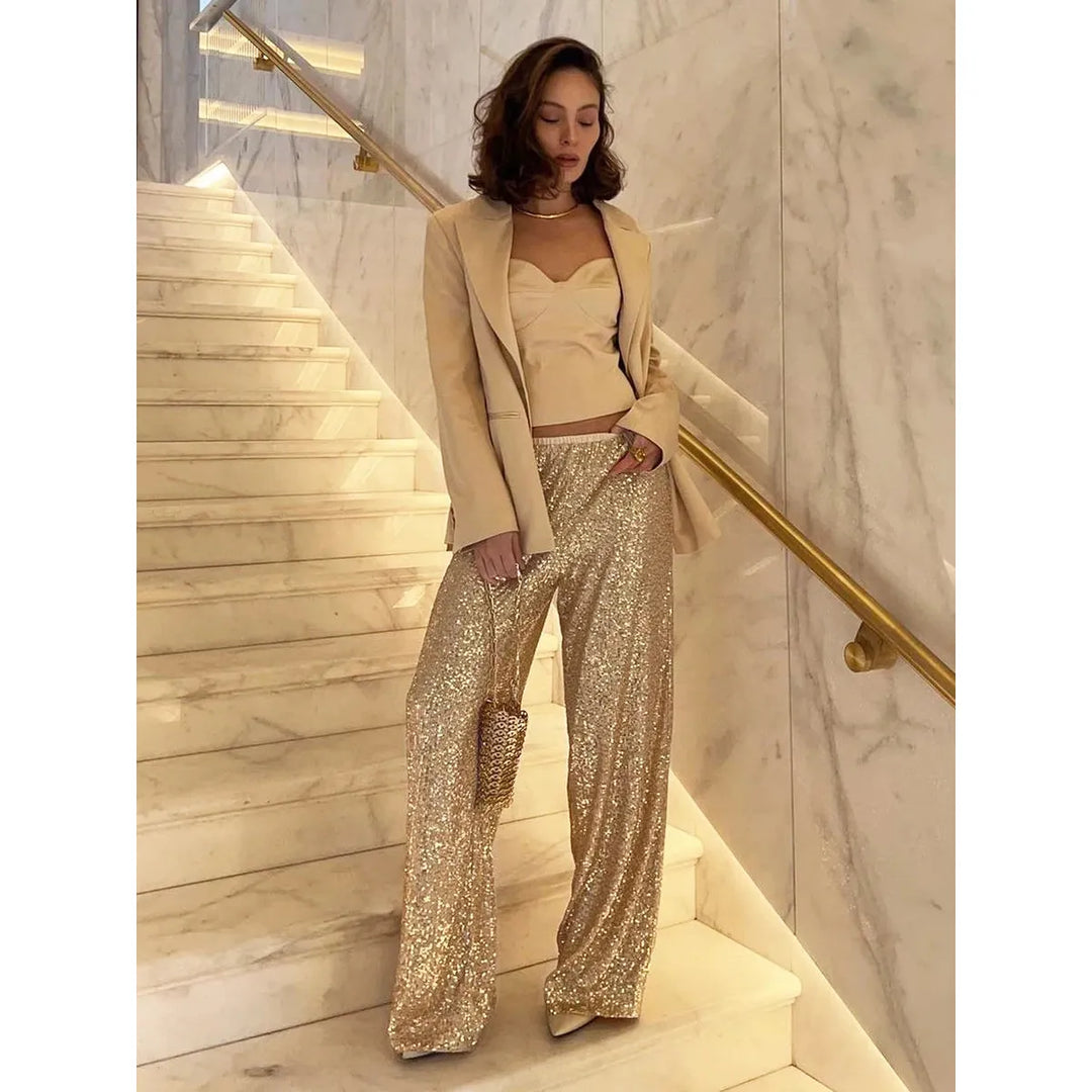 Schitterende pailletten broek 'Luna' in zilver, een must-have voor elke feestelijke avond en stijlvolle outfit.