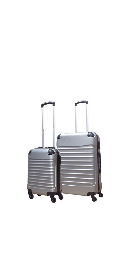 Zilveren 2-delige hardshell kofferset, lichtgewicht en duurzaam. Ideaal voor reizen en vakanties.