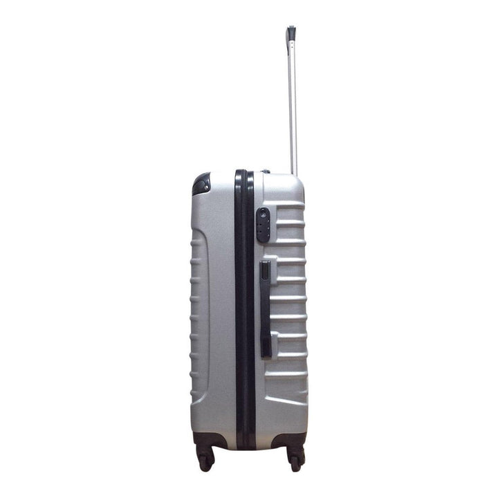 Stijlvolle zilveren hardshell kofferset, klaar voor uw volgende vakantie, citytrip of zakenreis.