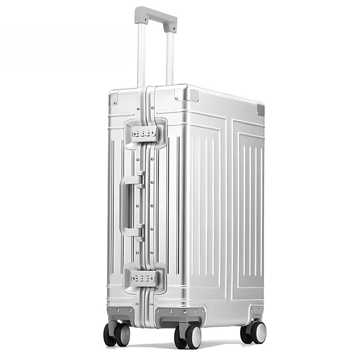 Veilige Emperor aluminium reiskoffer met dubbel TSA slot, zilver, beschermt kostbare spullen op reis.