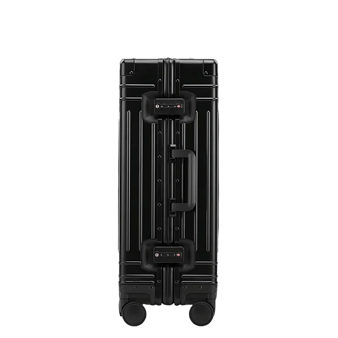 Robuuste grijs aluminium koffer met TSA slot en fluisterstille 360° wielen voor ultiem reisgemak.