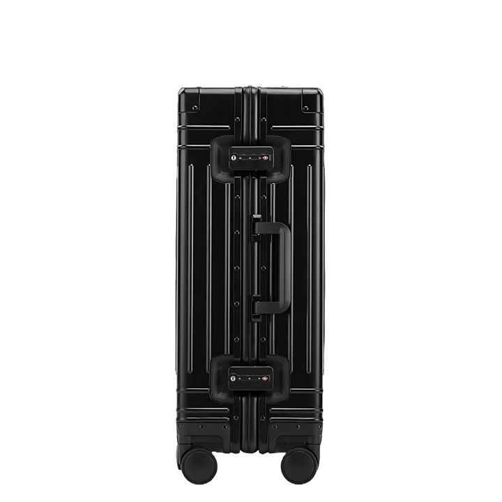 Robuuste grijs aluminium koffer met TSA slot en fluisterstille 360° wielen voor ultiem reisgemak.
