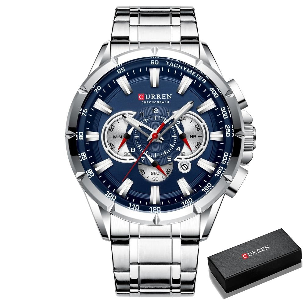 Zilverkleurig herenhorloge met blauwe wijzerplaat en geschenkdoos, toont elegantie.