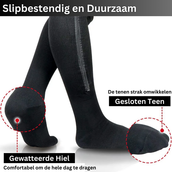 Zwarte unisex compressiekousen met rits, bevorderen herstel en verminderen vermoeide benen na sport of reizen.